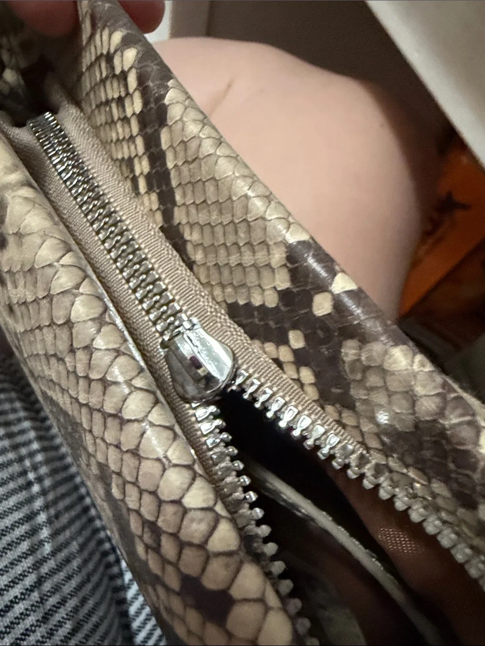 Snake-Print Convertible Clutch/  Crossbody Bag in Taupe